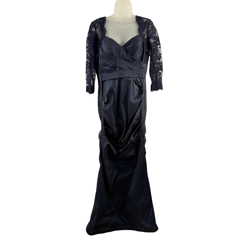 Teri Jon Dress Womens 8 Navy Blue Lace Sequin Mermaid Maxi Ruched Formal Gown